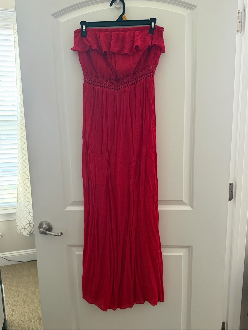 Strapless Ruffle Waist Red Maxi Dress - Picture 4 of 6